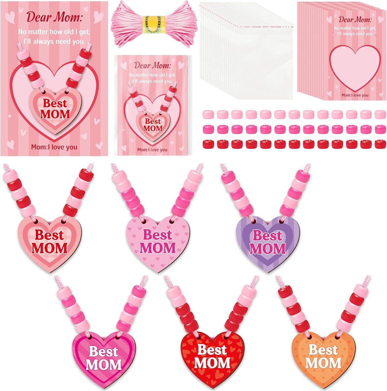 Mom Necklace Craft Kit – 24Pcs DIY Mother’s Day Wooden Heart Pendant Beads Necklace Making Kit with “Love Mother” Greeting Card – Kids School Classroom & Family Party Favor